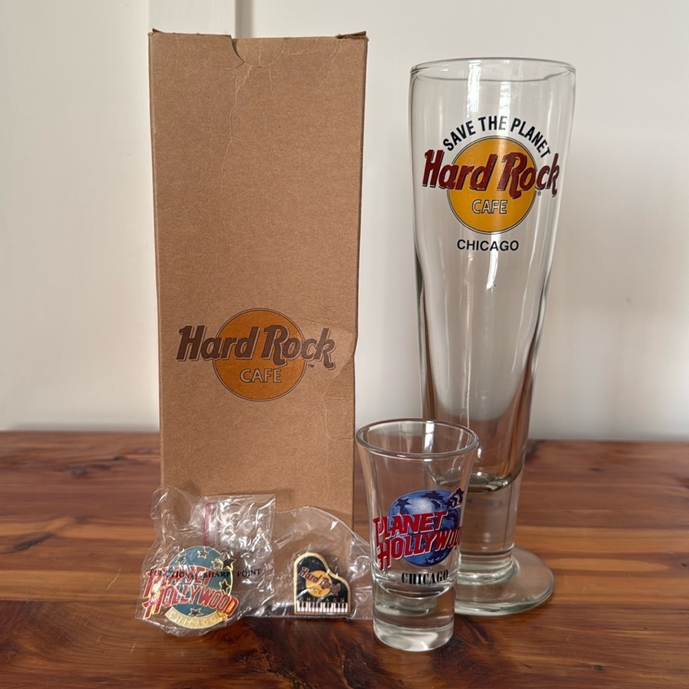 NEW Chicago Hard Rock Pilsner Glass NEW Planet Hollywood Shot Glass & 2 Pins